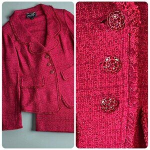 St. John Couture Red Tweed Skirt Suit Size 12 Jeweled Button Jacket & Skirt Set